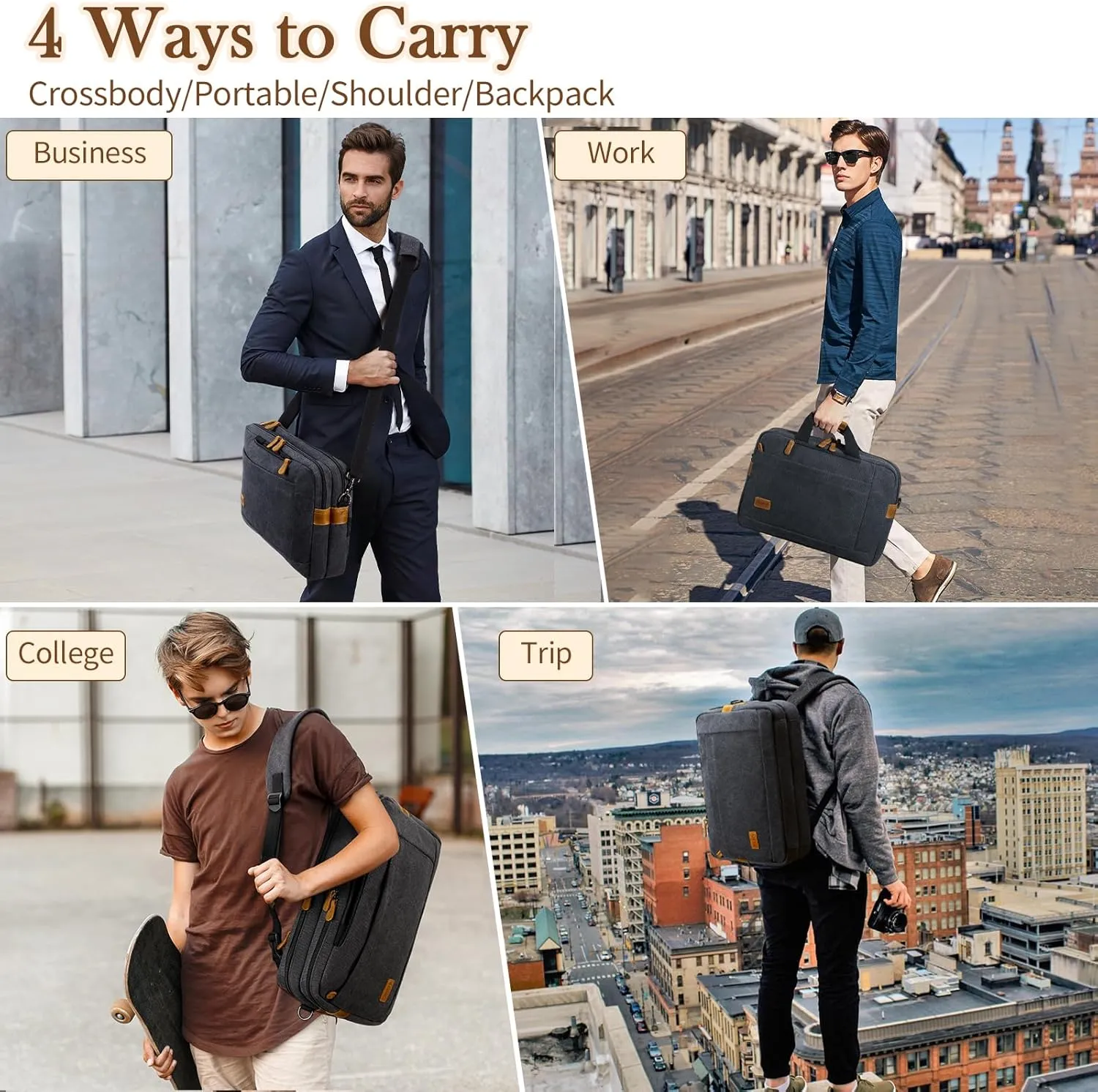 Convertible Backpack for Men 16 17-17.3 Inches Mens Laptop Bag - 3 in1 Computer Handbags Work Bag, Premium Canvas Messenger Bag Crossbody Bag Mens Laptop Backpack | Black