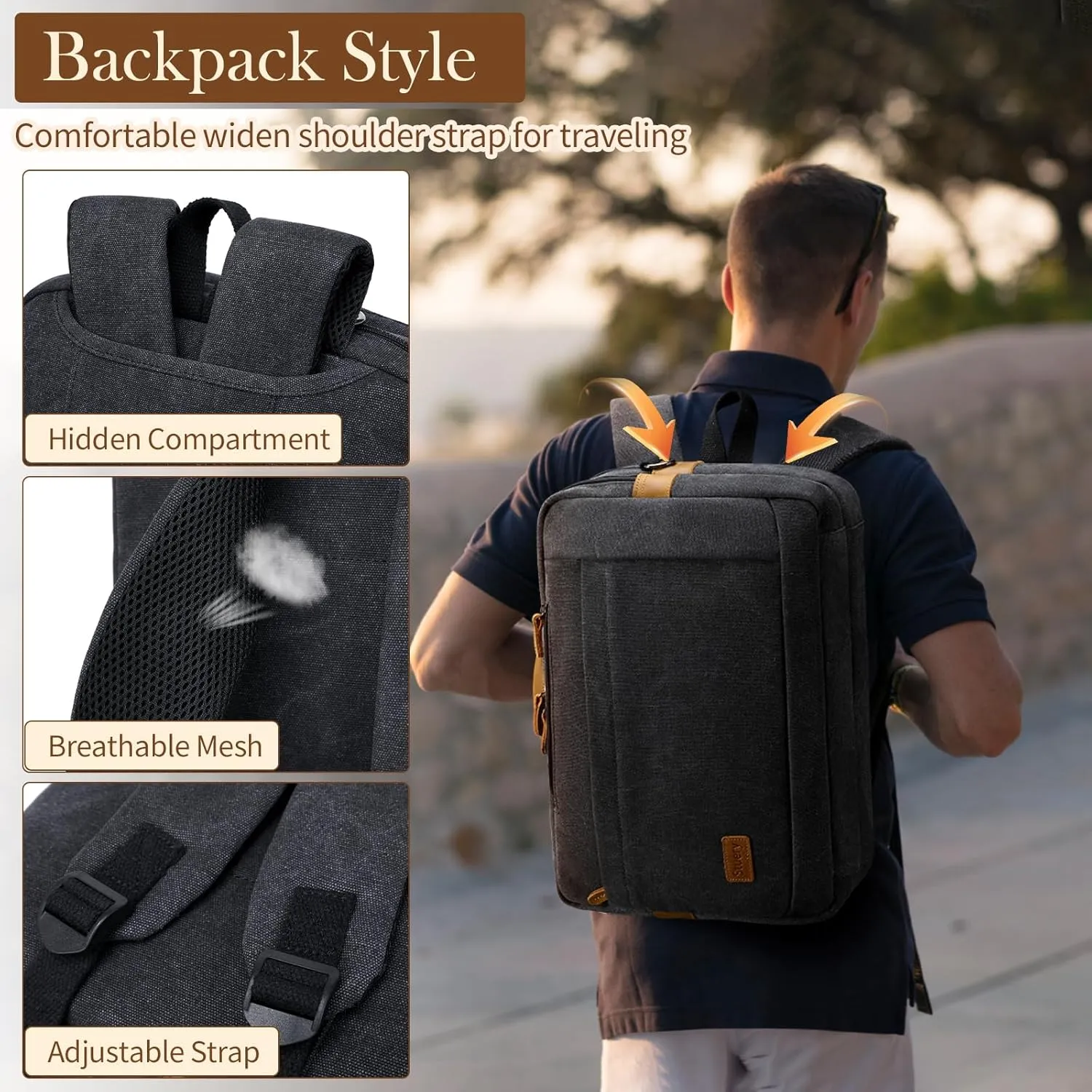 Convertible Backpack for Men 16 17-17.3 Inches Mens Laptop Bag - 3 in1 Computer Handbags Work Bag, Premium Canvas Messenger Bag Crossbody Bag Mens Laptop Backpack | Black