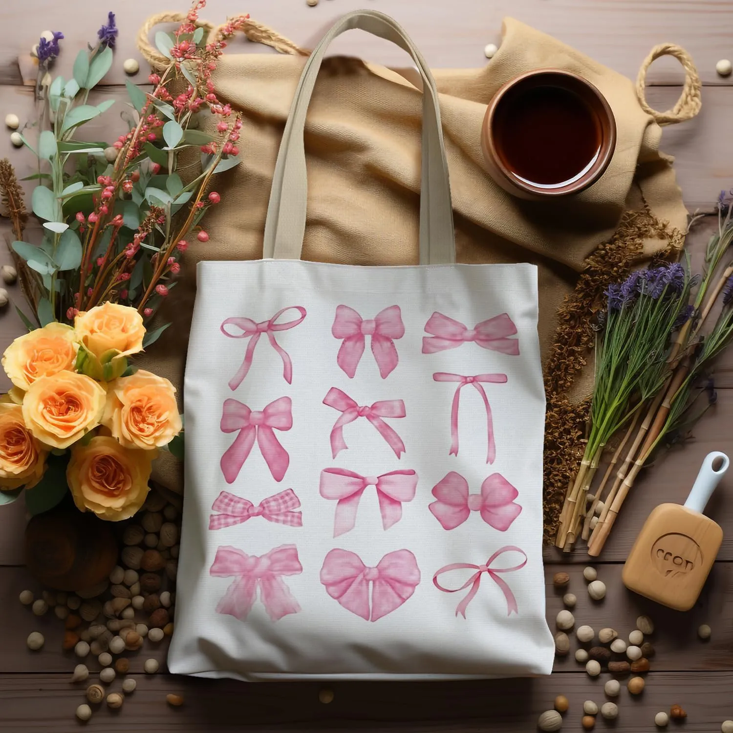 Coquette Pink Bows Trendy Preppy Canvas Tote Bag Aesthetic, Preppy Trendy Gifts for Women, Reusable Grocery Bags