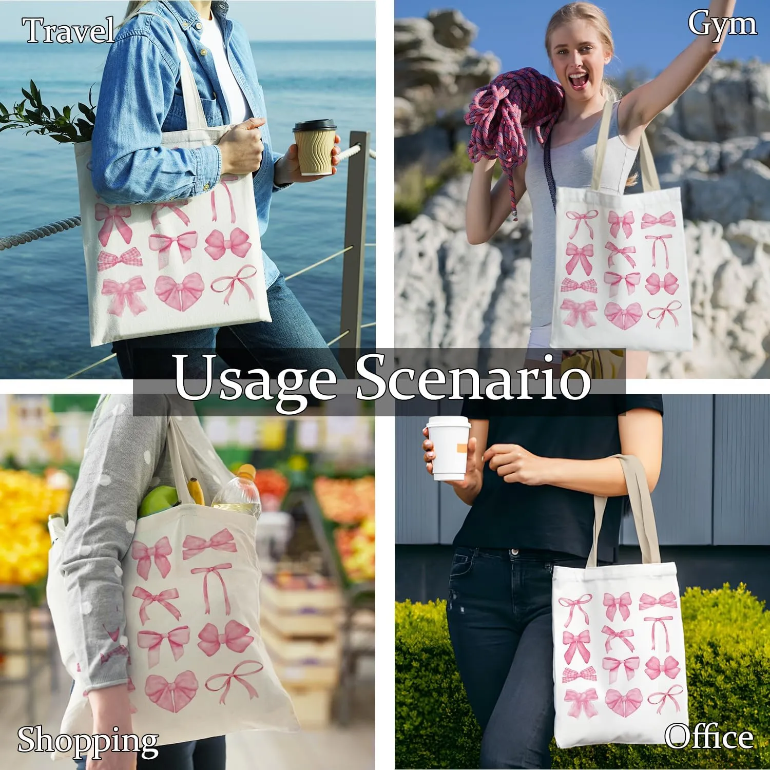 Coquette Pink Bows Trendy Preppy Canvas Tote Bag Aesthetic, Preppy Trendy Gifts for Women, Reusable Grocery Bags
