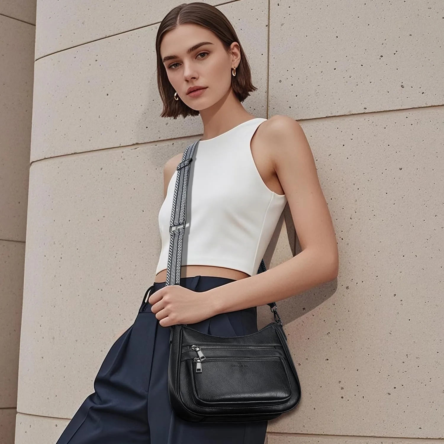Crossbody Bags for Women Leather Purse Trendy Multi Pocket Shoulder Handbags with Adjustable Guitar Strap
