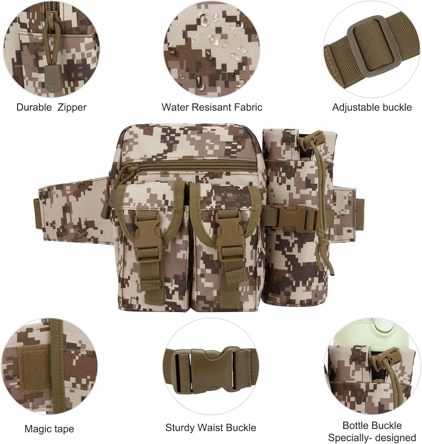 DOB SECHS Hiking Waist Bag with Detachable Water Bottle Holder and Adjustable Waist Belt Oxford Fanny Pack for Men Women Causal Belt Bag for Travel Outdoor Fishing Running Hiking Hunting,Camouflage-C