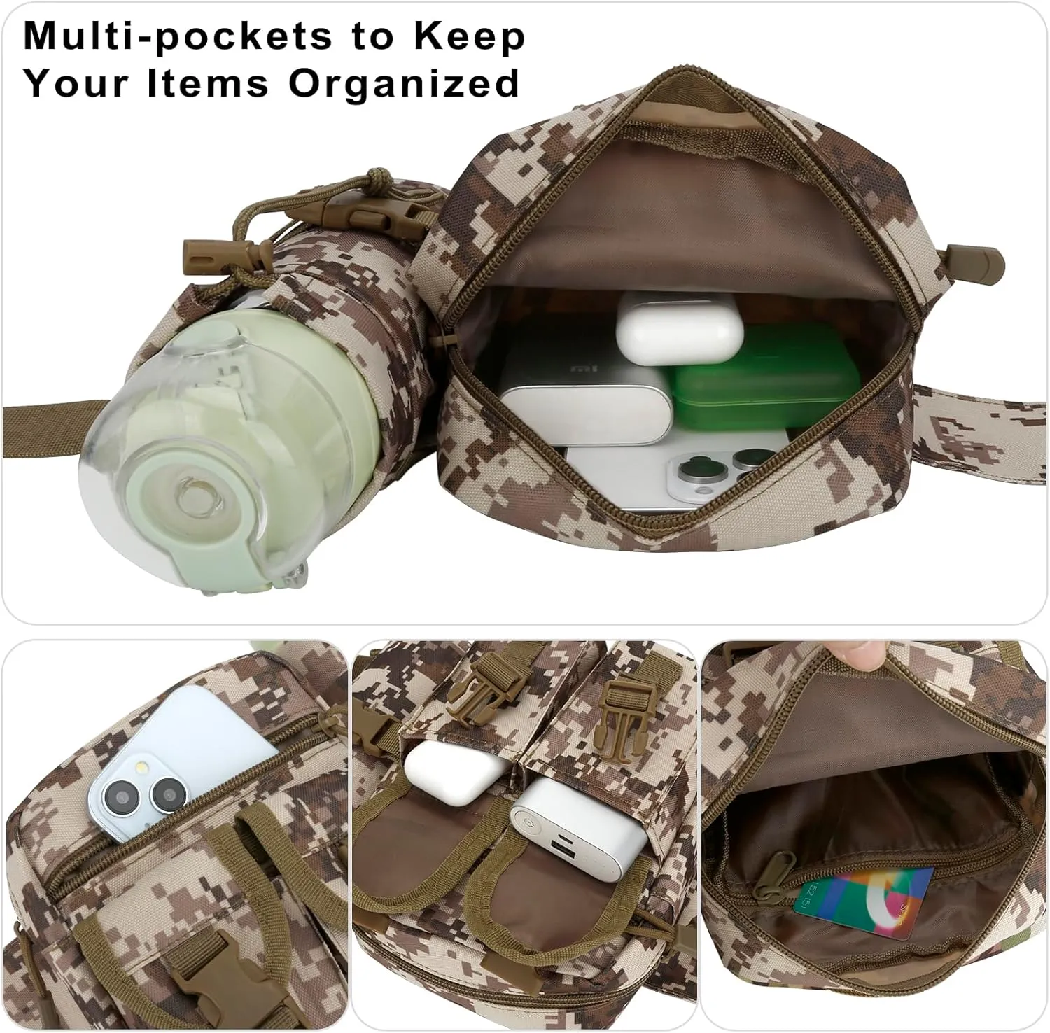 DOB SECHS Hiking Waist Bag with Detachable Water Bottle Holder and Adjustable Waist Belt Oxford Fanny Pack for Men Women Causal Belt Bag for Travel Outdoor Fishing Running Hiking Hunting,Camouflage-C