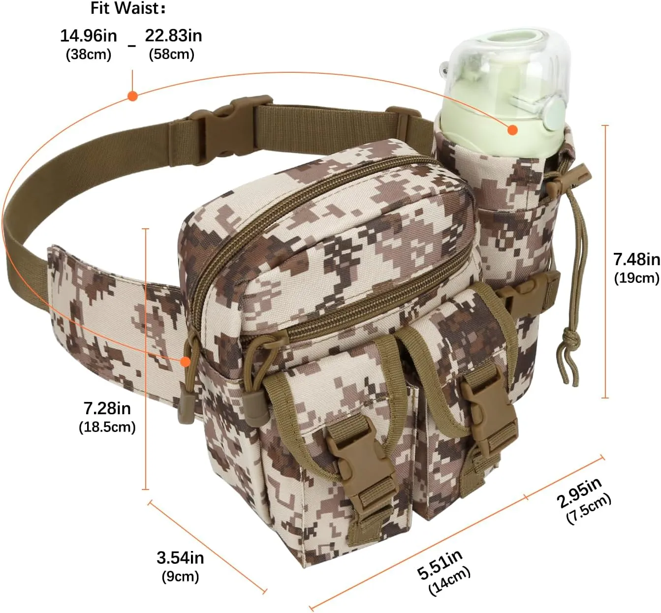 DOB SECHS Hiking Waist Bag with Detachable Water Bottle Holder and Adjustable Waist Belt Oxford Fanny Pack for Men Women Causal Belt Bag for Travel Outdoor Fishing Running Hiking Hunting,Camouflage-C