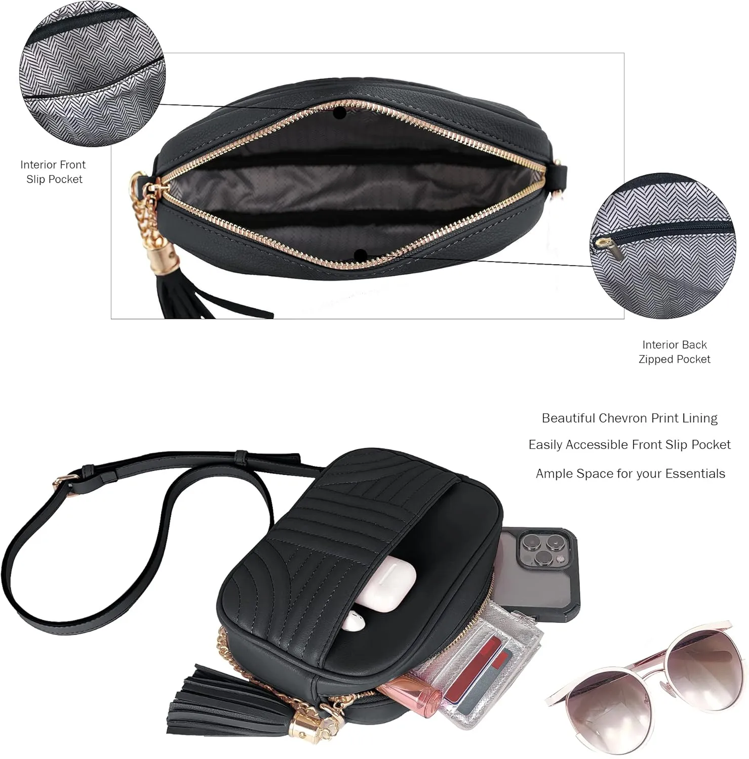 EVVE Quilted Crossbody Bags for Women - Stylish Camera Bag with Tassel - Lightweight Medium Size Shoulder Purse
