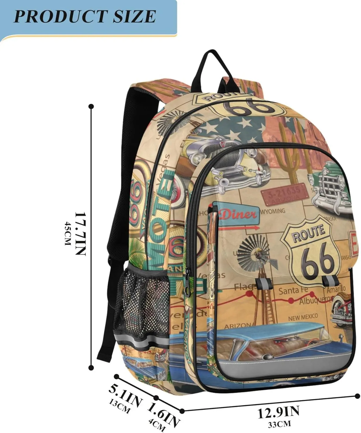 Fisyme Vintage Route 66 School Backpack Laptop Backpack Bags Bookbag Travel Casual Computer Notebooks Daypack