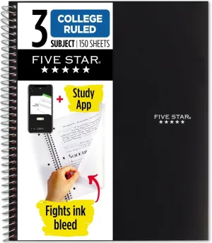 Five Star Spiral Notebook   Study App, 3 Subject, College Ruled Paper, Fights Ink Bleed, Water Resistant Cover, 8-1/2" x 11", 150 Sheets, Black (72069)