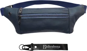 Genuine Leather Slim Sling Waist Bag, Crossbody Travel Pouch with Adjustable Strap and key Ring (Navy)