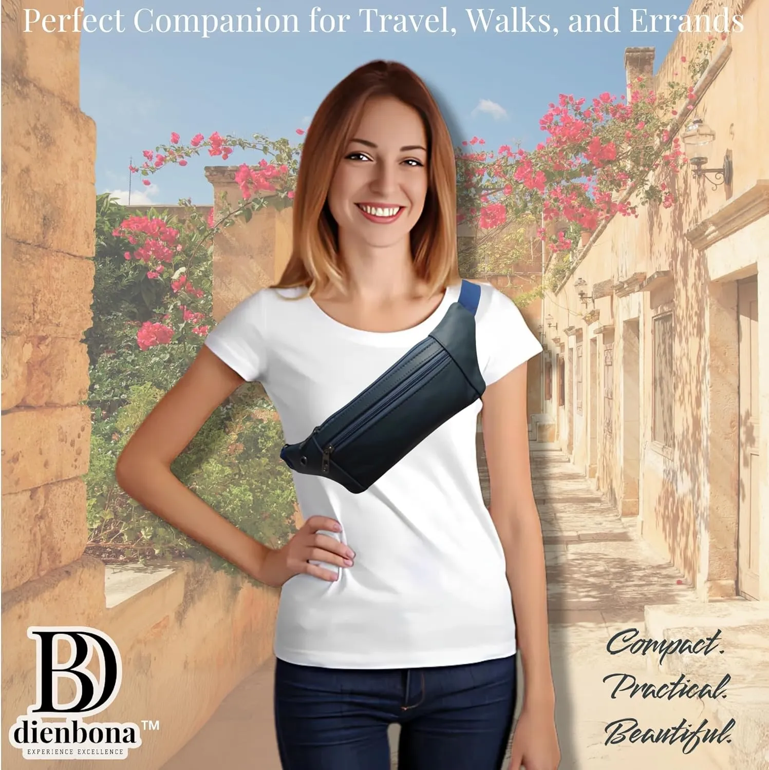Genuine Leather Slim Sling Waist Bag, Crossbody Travel Pouch with Adjustable Strap and key Ring (Navy)