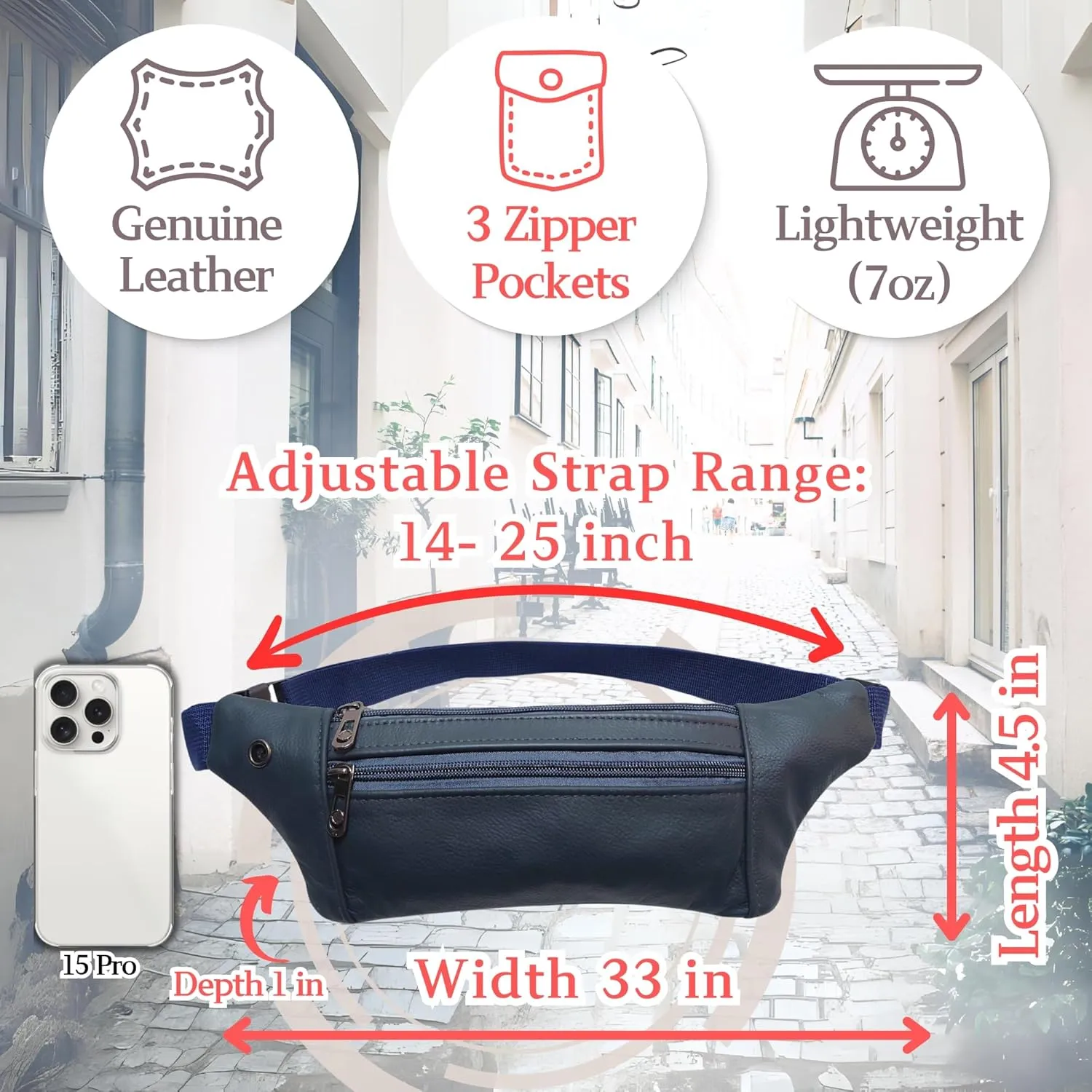 Genuine Leather Slim Sling Waist Bag, Crossbody Travel Pouch with Adjustable Strap and key Ring (Navy)