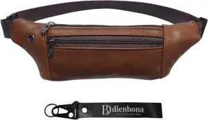 Genuine Leather Slim Sling Waist Bag, Crossbody Travel Pouch with Adjustable Strap and key Ring (Saddle Brown)