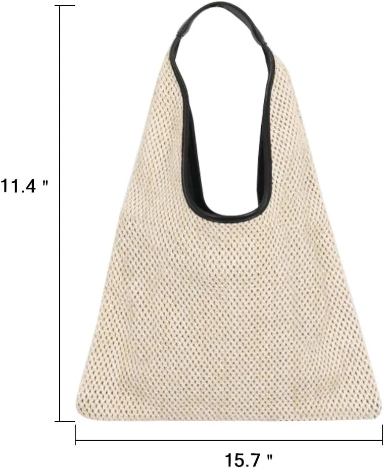 Hand-woven Straw Shoulder Bag Boho Black Leather Top Handle Tote Retro Summer Beach Bag Holiday Travel Handbag