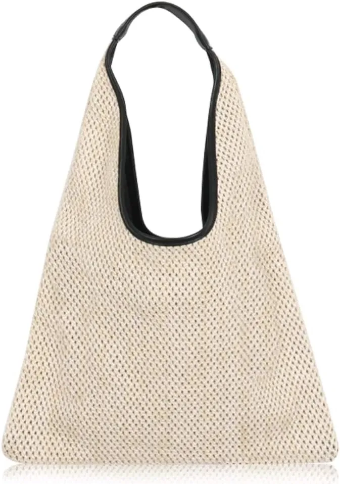 Hand-woven Straw Shoulder Bag Boho Black Leather Top Handle Tote Retro Summer Beach Bag Holiday Travel Handbag