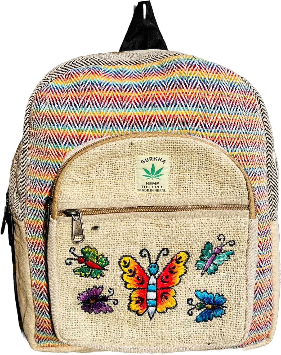 Hemp Backpack Bag Large multi Pockets, Travel Back Pack, Laptop Unisex Backpack, Cotton Stripe Nepali Backpack, Festival, Hiking, 12 IN Large Hippies (3 Large Pocket)