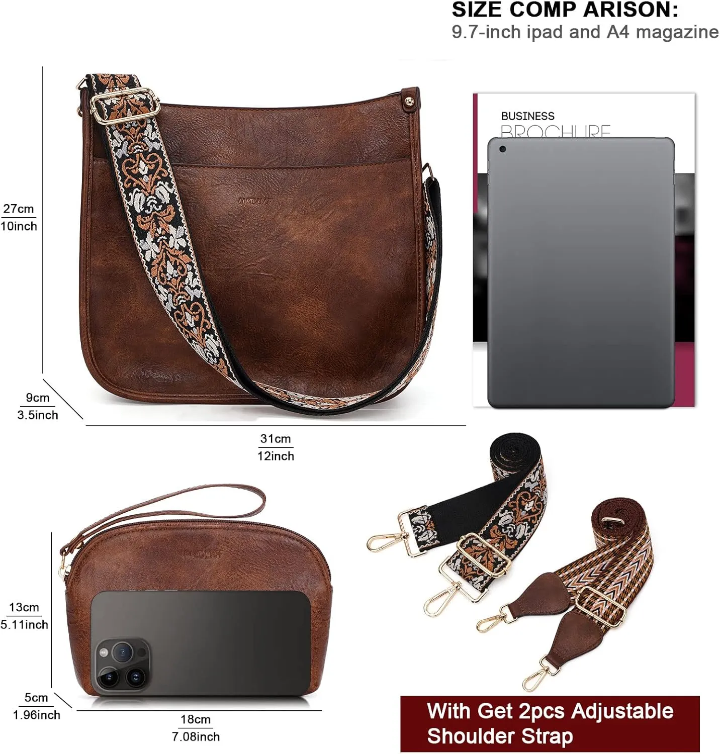 HKCLUF Crossbody Bag Purse for Women 2PCS/Set Leather Hobo Handbag Wallet Set With 2Adjustable Guitar Strap Shoulder Bag