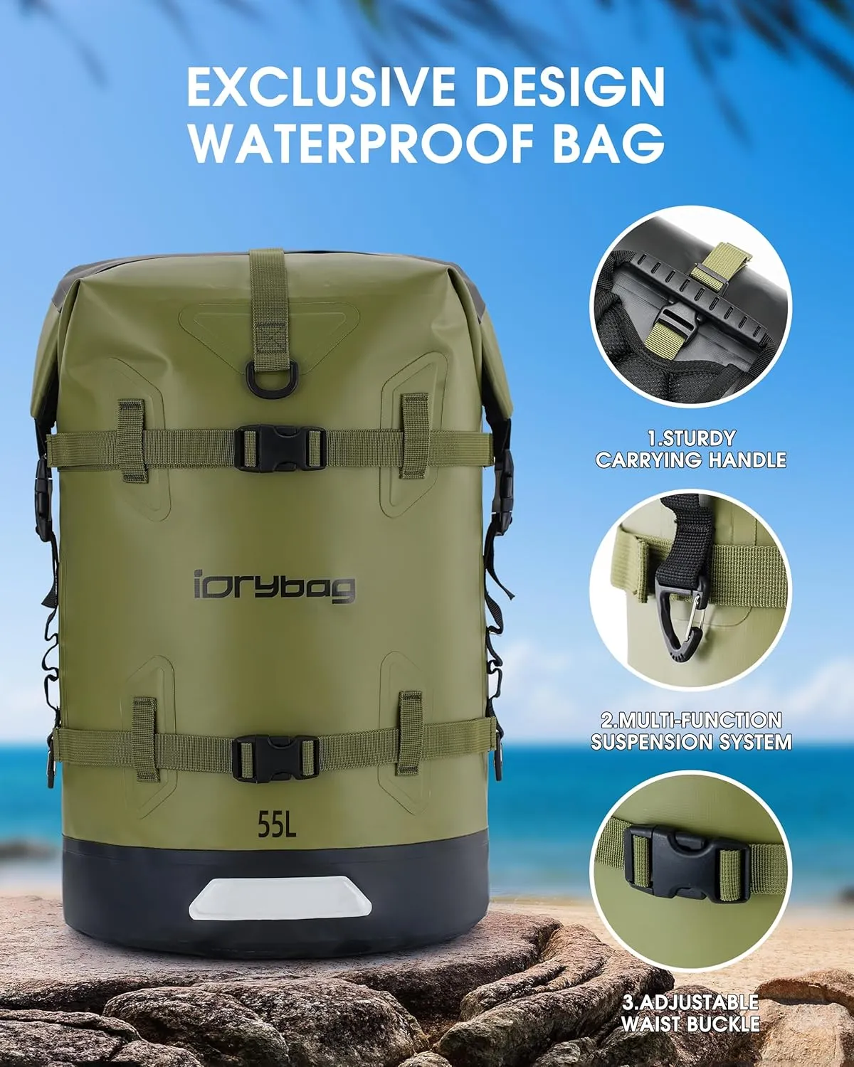 IDRYBAG Waterproof Backpack for Travel, Kayaking, Boating, Swimming, Floating Paddle Boarding - Submersible Dry Bag 35L/55L/85L