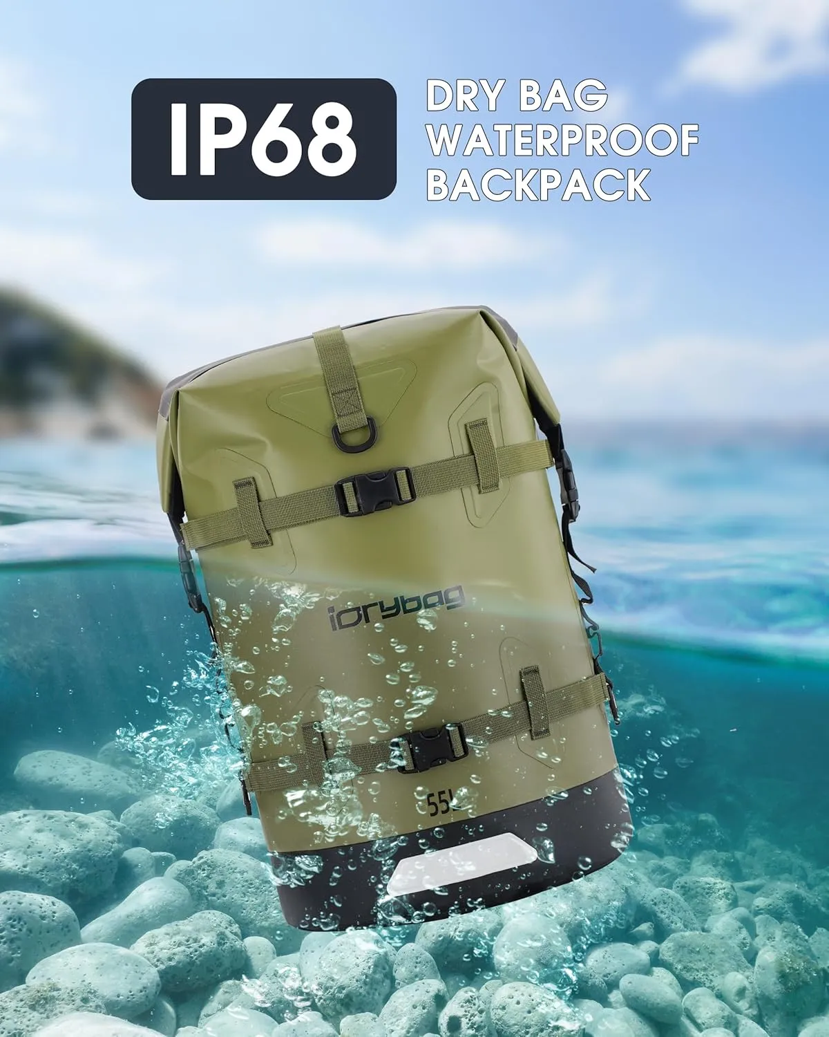 IDRYBAG Waterproof Backpack for Travel, Kayaking, Boating, Swimming, Floating Paddle Boarding - Submersible Dry Bag 35L/55L/85L