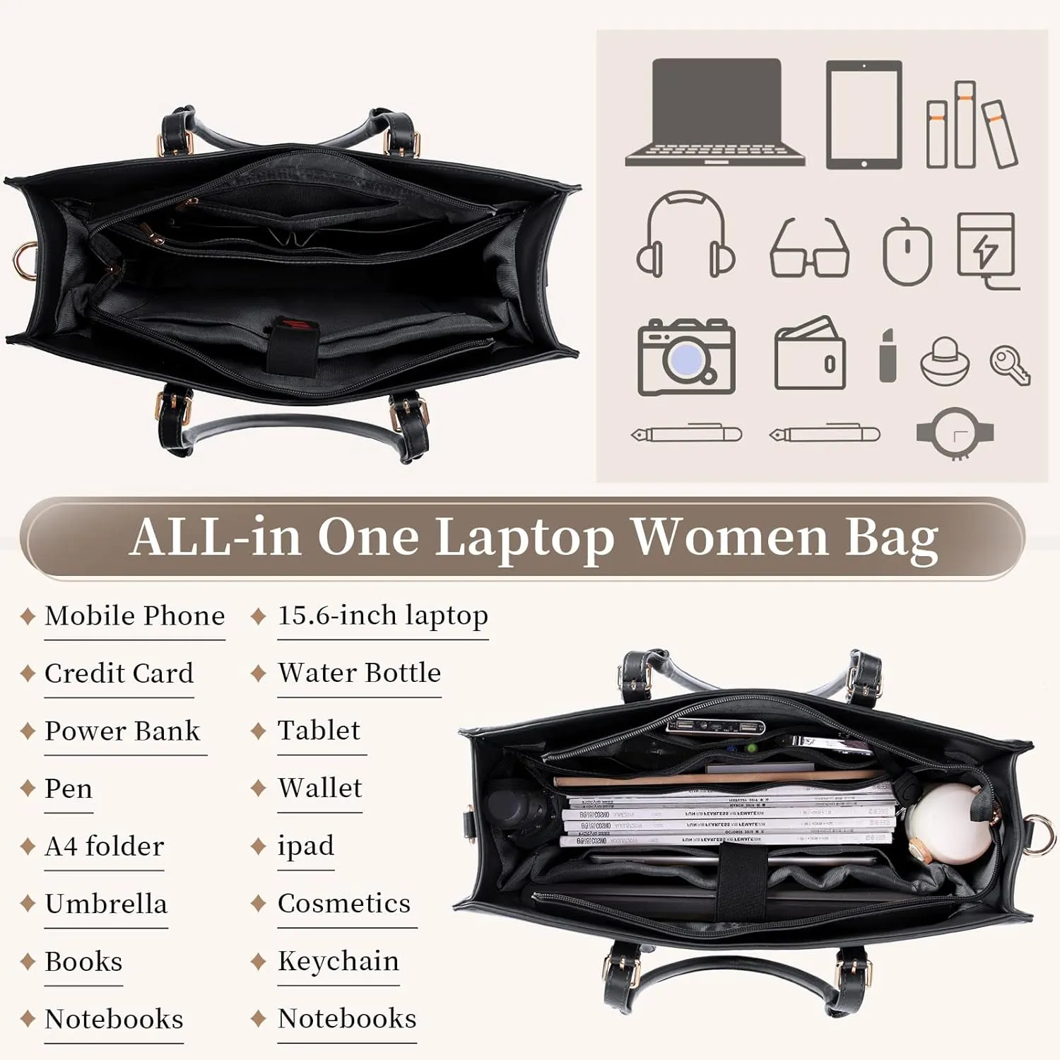 IGOLUMON Laptop Bag for Women 15.6 Inch Waterproof Laptop Tote Bag Leather Work Bag Computer Briefcase Office Professional Large Capacity Handbag Shoulder Bag Black