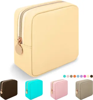 Iqimott Nylon Mini Makeup Bag, Preppy Small Cosmetic Bag Compact Make up Pouch Toiletry Bag, Waterproof Zipper Purse Travel Coin Pouch Sanitary Napkin Storage Bag for Women Girls Teens(Beige)