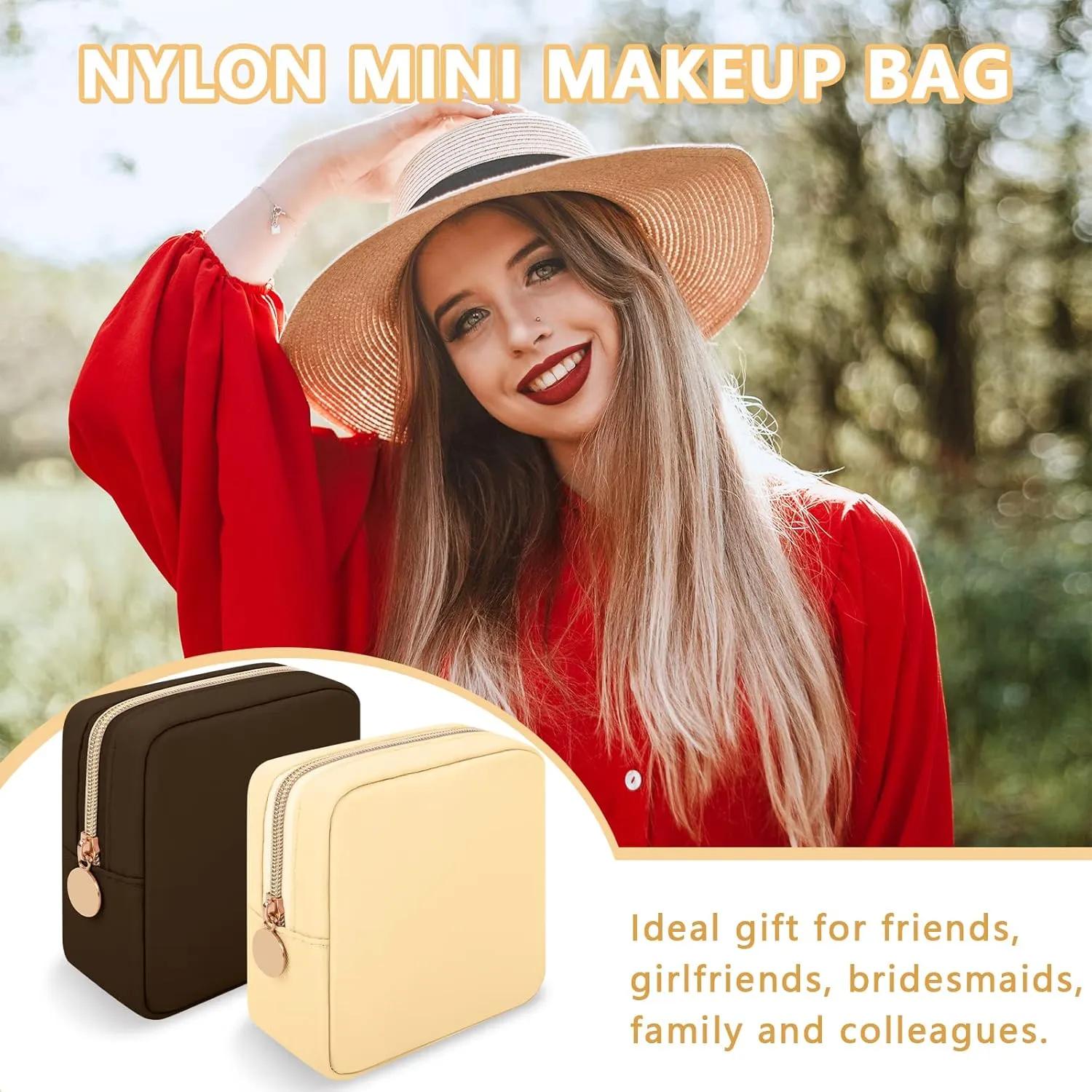 Iqimott Nylon Mini Makeup Bag, Preppy Small Cosmetic Bag Compact Make up Pouch Toiletry Bag, Waterproof Zipper Purse Travel Coin Pouch Sanitary Napkin Storage Bag for Women Girls Teens(Beige)