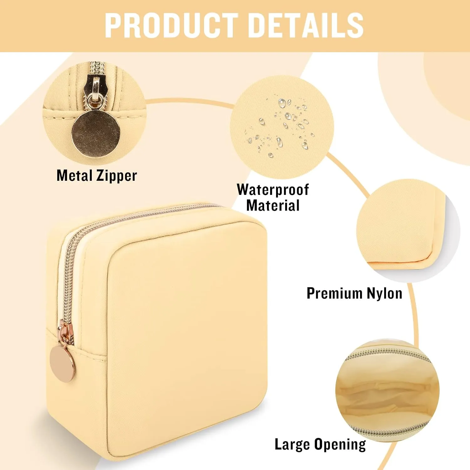 Iqimott Nylon Mini Makeup Bag, Preppy Small Cosmetic Bag Compact Make up Pouch Toiletry Bag, Waterproof Zipper Purse Travel Coin Pouch Sanitary Napkin Storage Bag for Women Girls Teens(Beige)