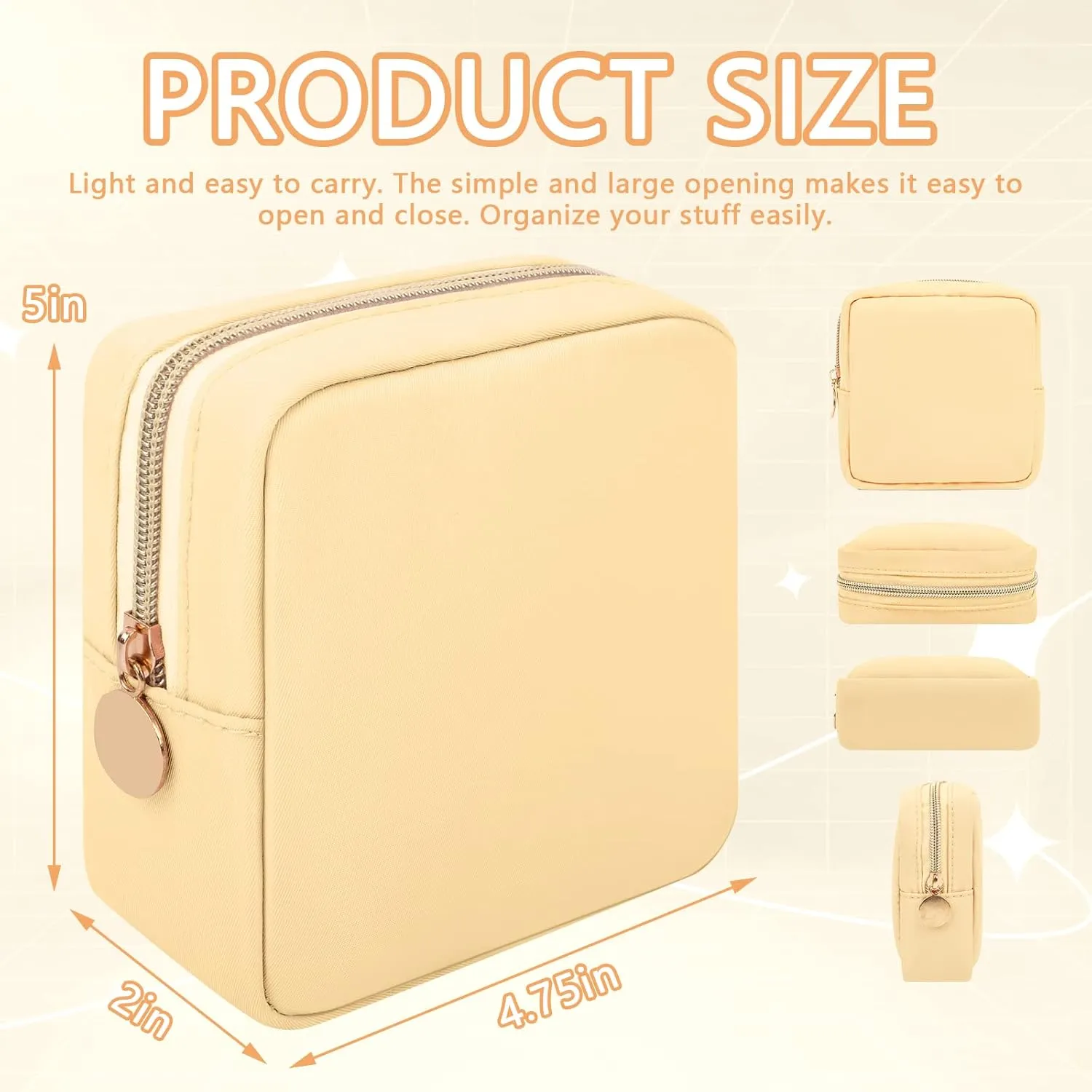 Iqimott Nylon Mini Makeup Bag, Preppy Small Cosmetic Bag Compact Make up Pouch Toiletry Bag, Waterproof Zipper Purse Travel Coin Pouch Sanitary Napkin Storage Bag for Women Girls Teens(Beige)