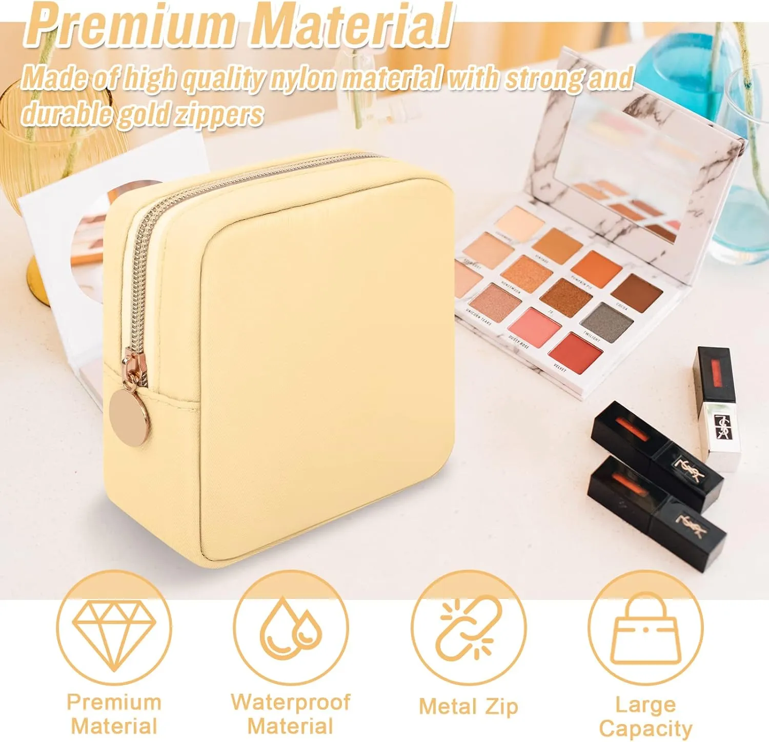 Iqimott Nylon Mini Makeup Bag, Preppy Small Cosmetic Bag Compact Make up Pouch Toiletry Bag, Waterproof Zipper Purse Travel Coin Pouch Sanitary Napkin Storage Bag for Women Girls Teens(Beige)