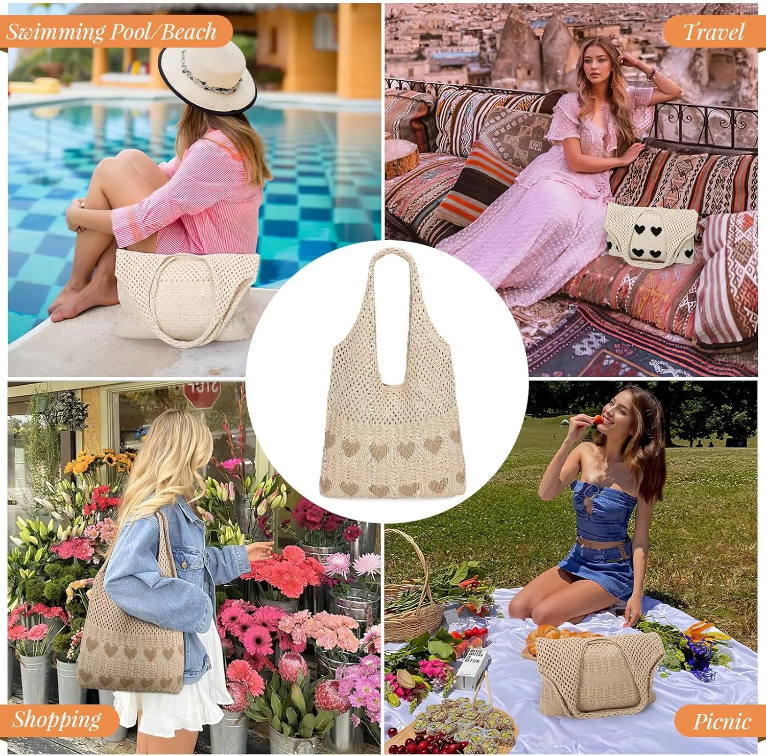 JASGOOD Crochet Beach Bags for Women Knit Summer Vacation Tote Bag Aesthetic Tote Boho Shoulder Handbag