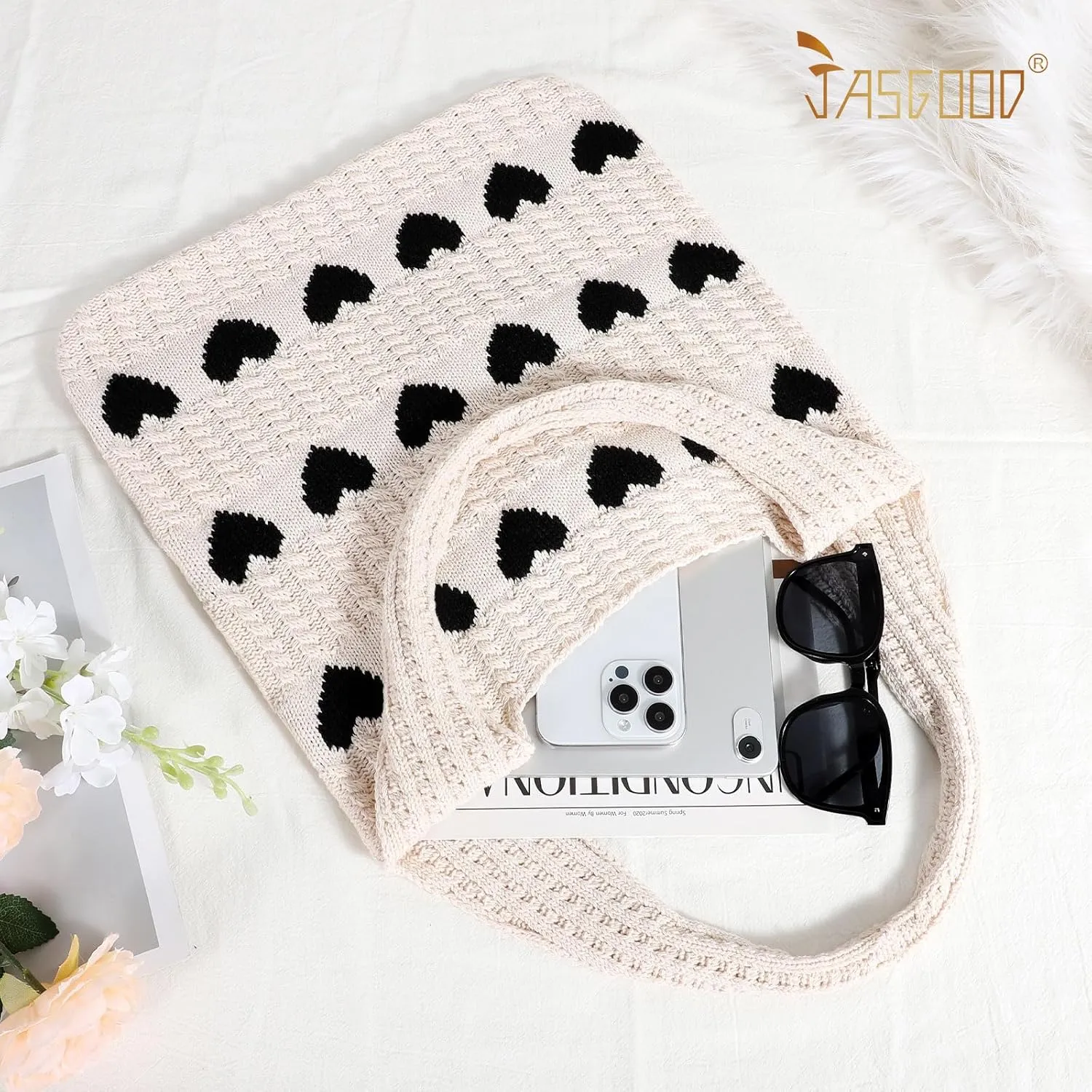 JASGOOD Crochet Beach Bags for Women Knit Summer Vacation Tote Bag Aesthetic Tote Boho Shoulder Handbag