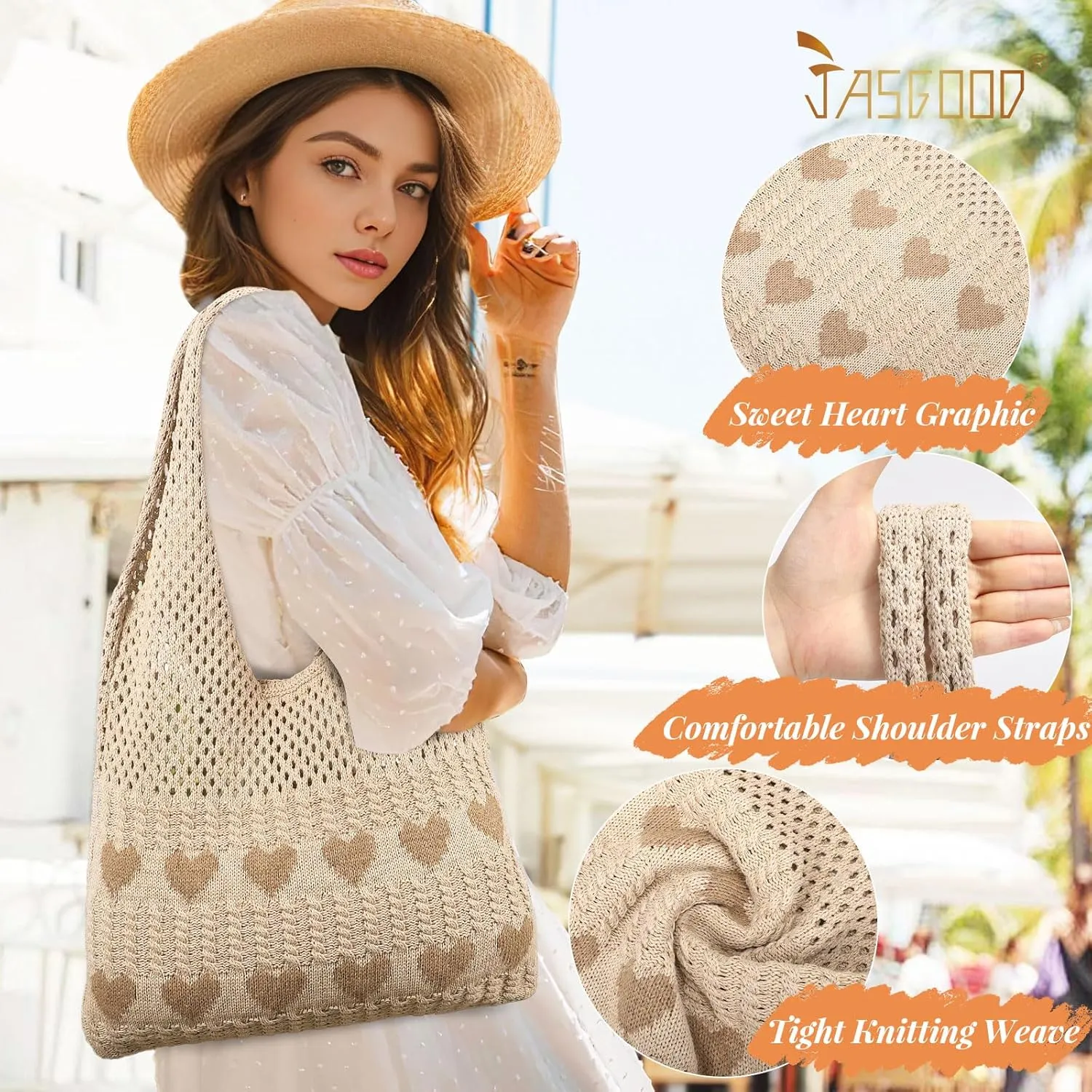 JASGOOD Crochet Beach Bags for Women Knit Summer Vacation Tote Bag Aesthetic Tote Boho Shoulder Handbag