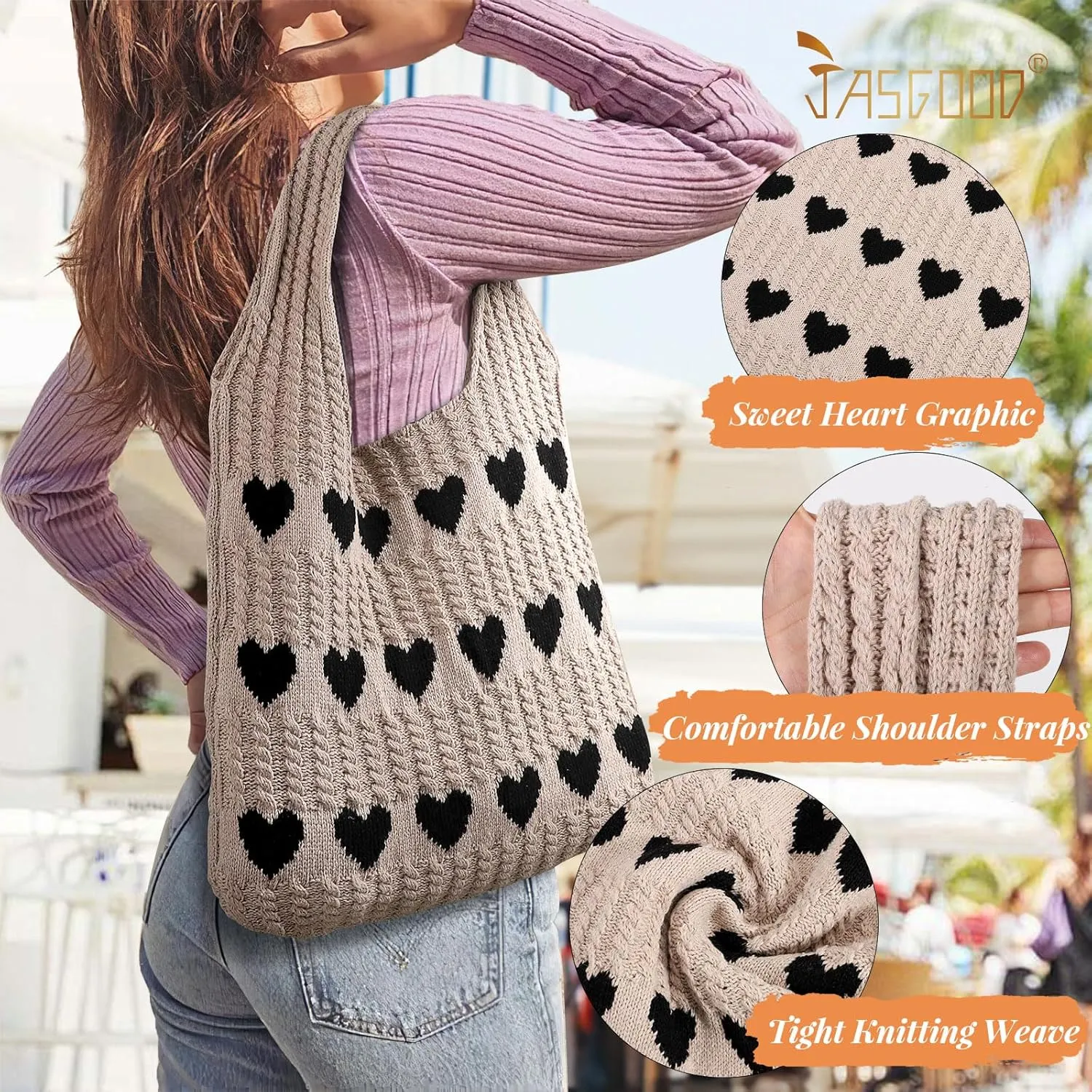 JASGOOD Crochet Beach Bags for Women Knit Summer Vacation Tote Bag Aesthetic Tote Boho Shoulder Handbag