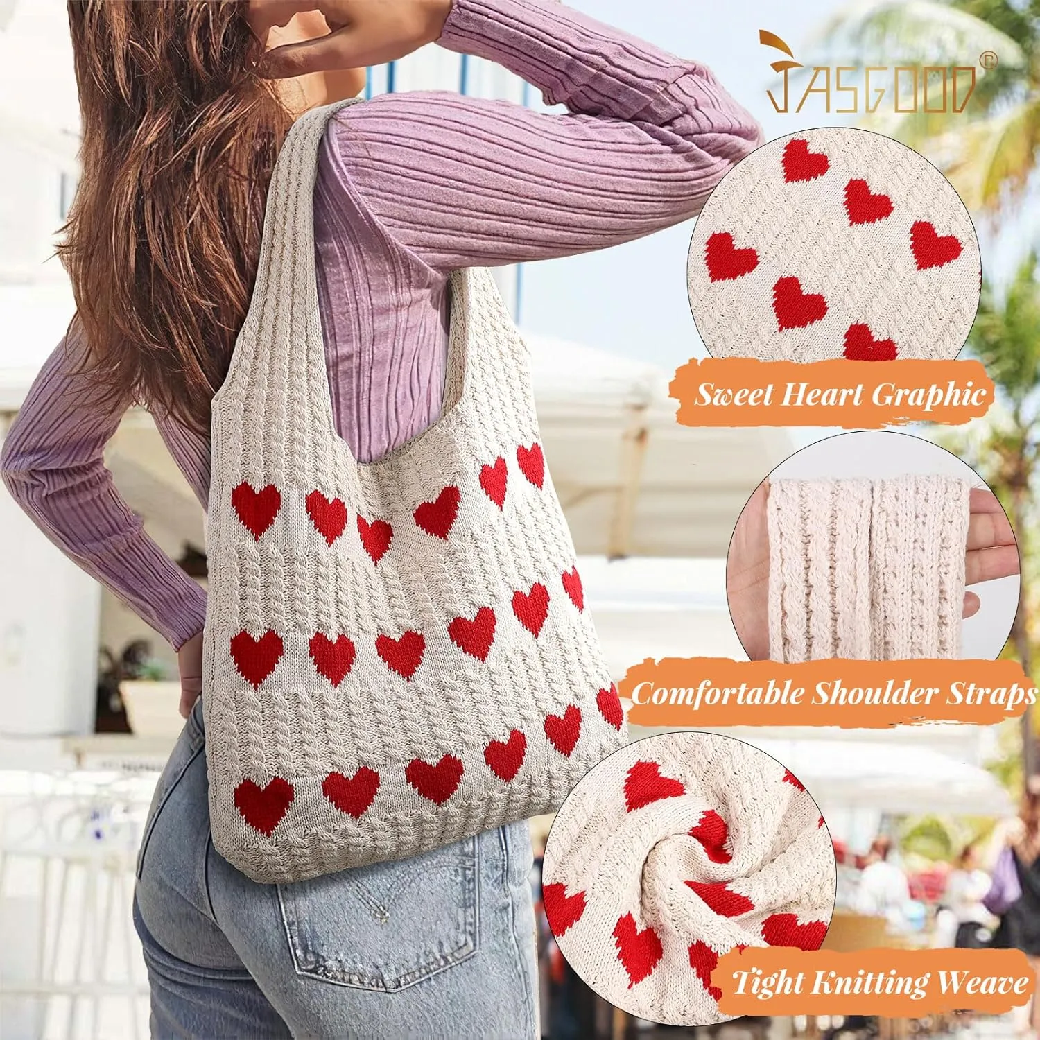 JASGOOD Crochet Beach Bags for Women Knit Summer Vacation Tote Bag Aesthetic Tote Boho Shoulder Handbag