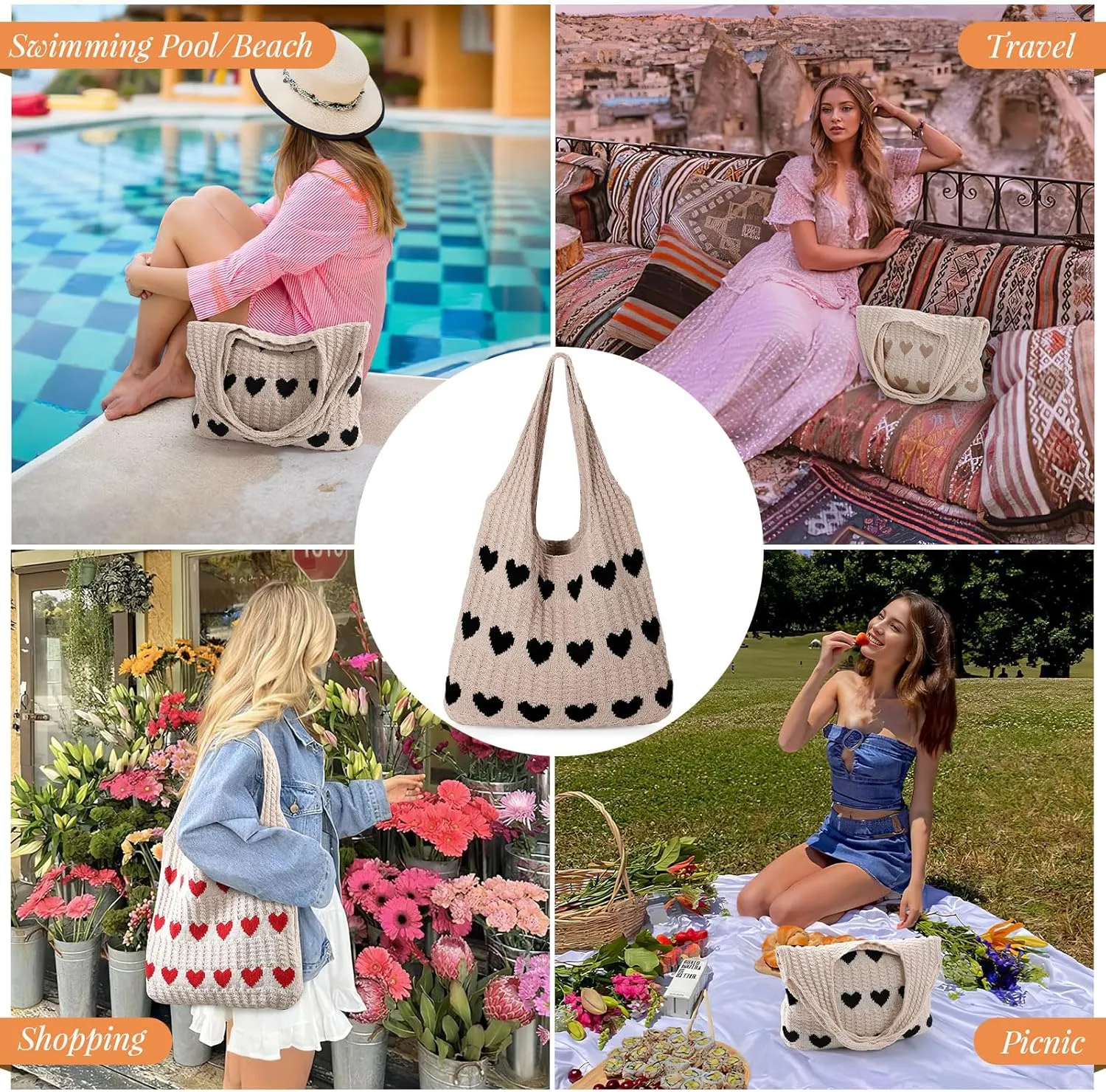 JASGOOD Crochet Beach Bags for Women Knit Summer Vacation Tote Bag Aesthetic Tote Boho Shoulder Handbag