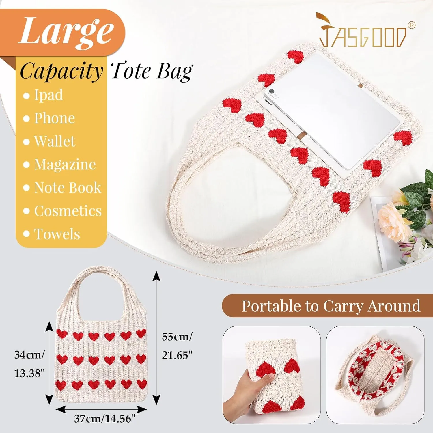 JASGOOD Crochet Beach Bags for Women Knit Summer Vacation Tote Bag Aesthetic Tote Boho Shoulder Handbag