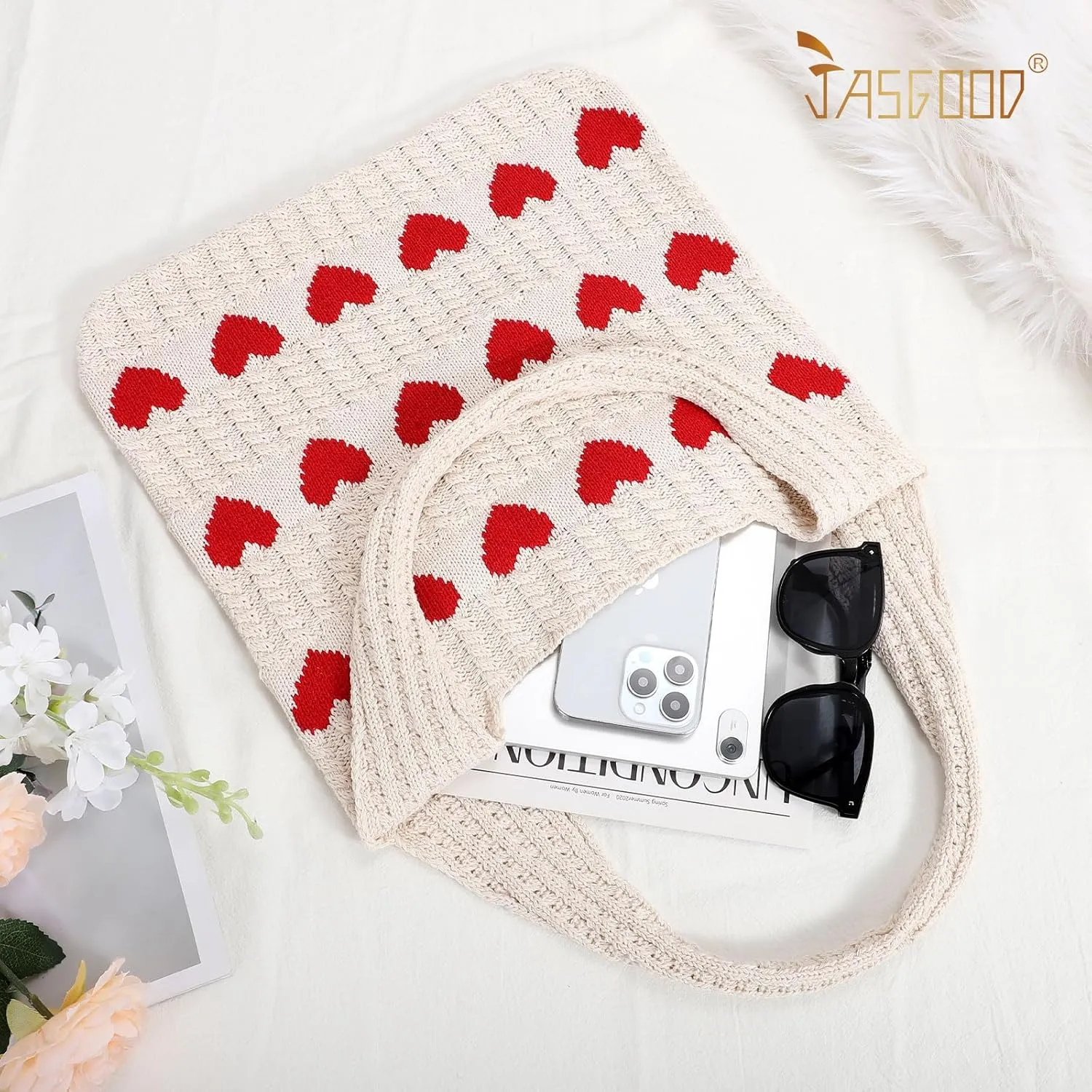 JASGOOD Crochet Beach Bags for Women Knit Summer Vacation Tote Bag Aesthetic Tote Boho Shoulder Handbag
