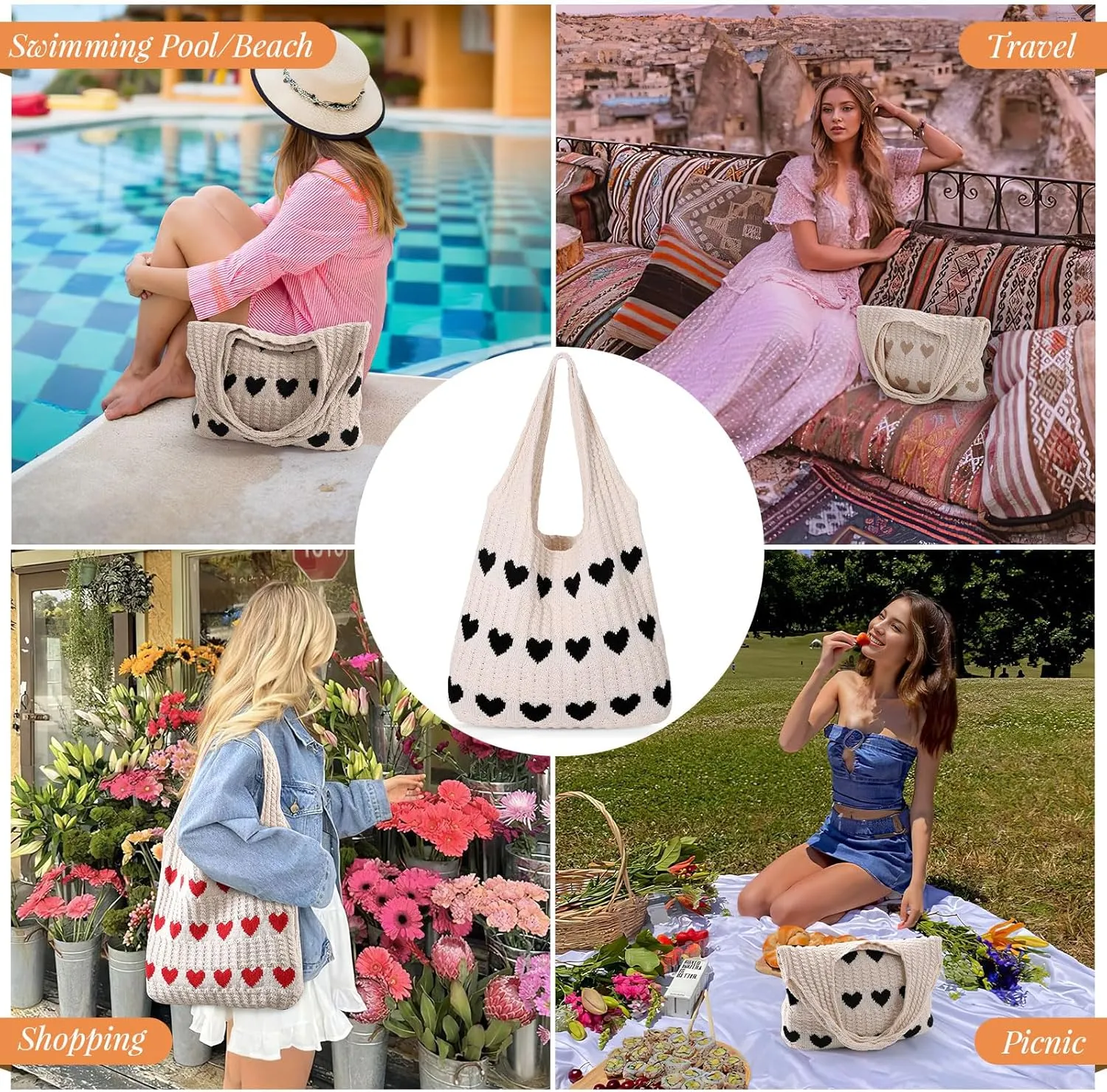 JASGOOD Crochet Beach Bags for Women Knit Summer Vacation Tote Bag Aesthetic Tote Boho Shoulder Handbag