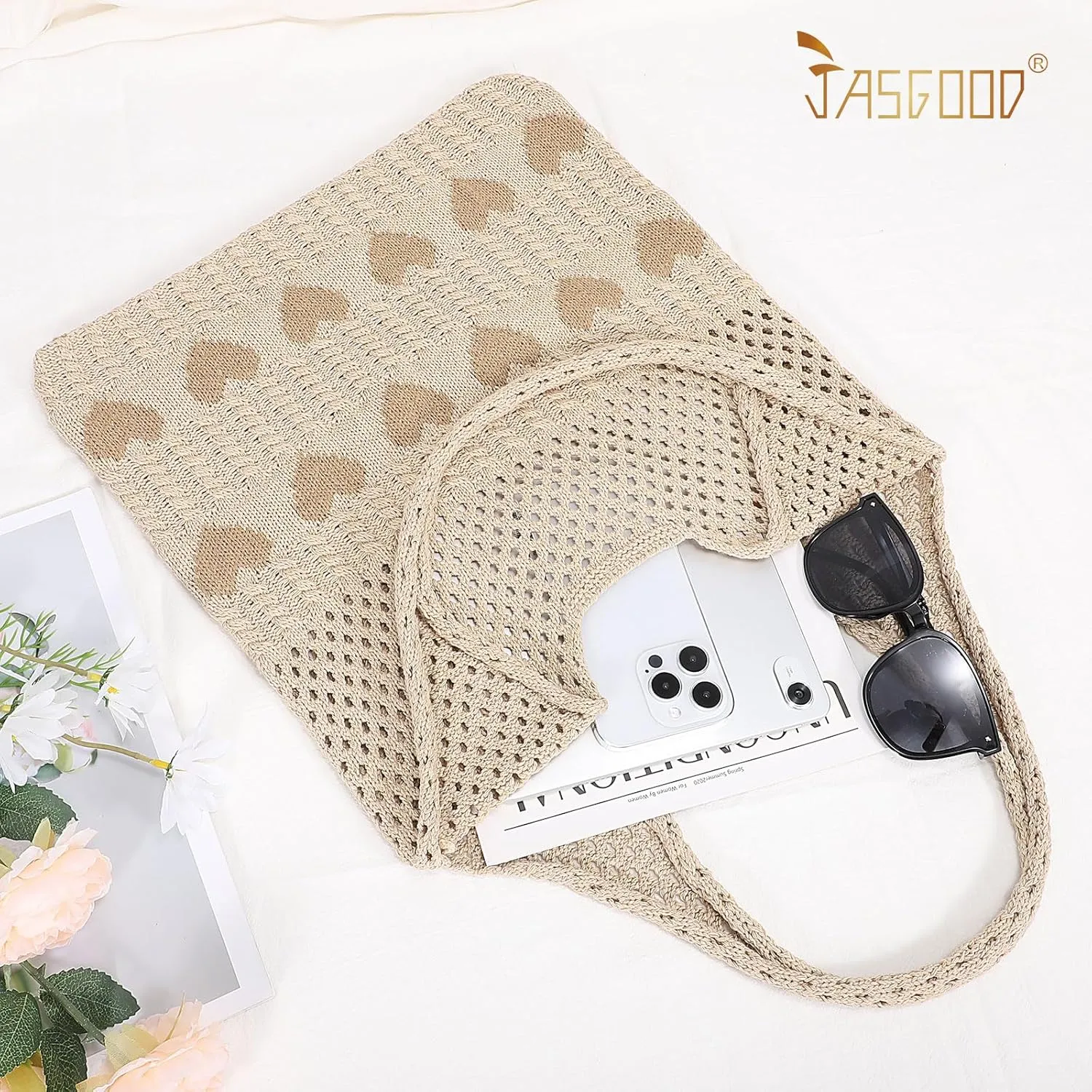 JASGOOD Crochet Beach Bags for Women Knit Summer Vacation Tote Bag Aesthetic Tote Boho Shoulder Handbag