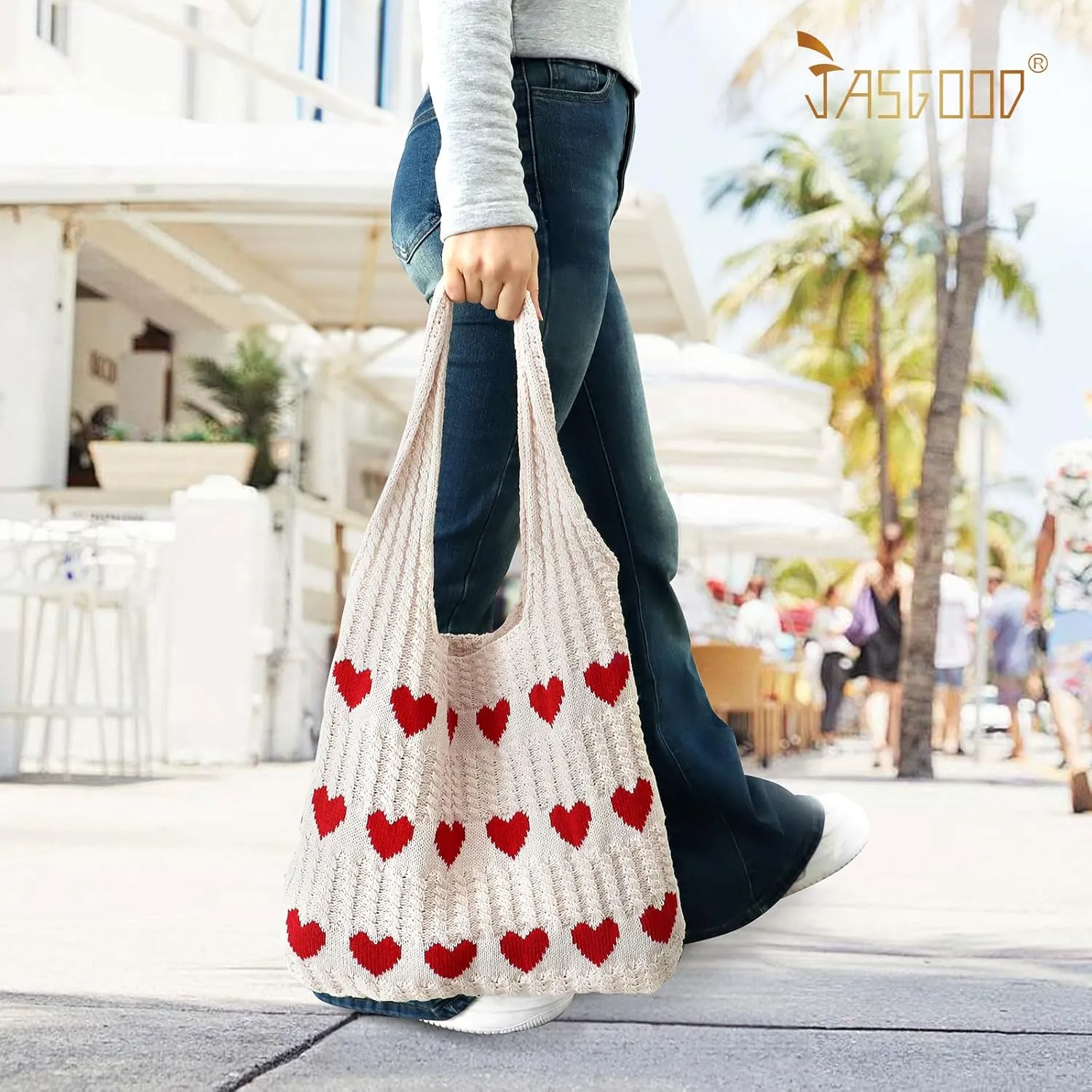 JASGOOD Crochet Beach Bags for Women Knit Summer Vacation Tote Bag Aesthetic Tote Boho Shoulder Handbag