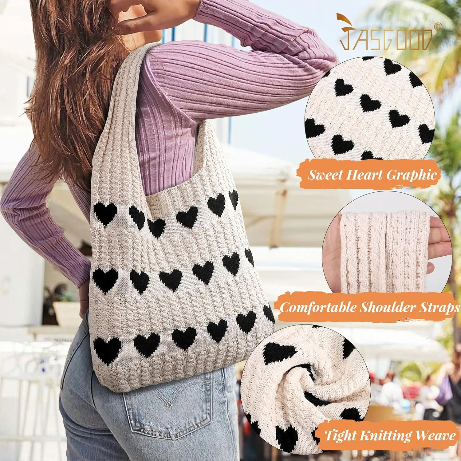 JASGOOD Crochet Beach Bags for Women Knit Summer Vacation Tote Bag Aesthetic Tote Boho Shoulder Handbag