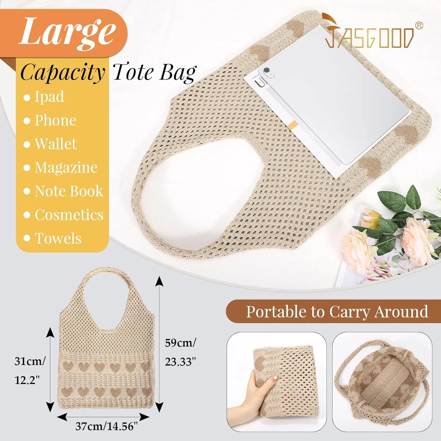 JASGOOD Crochet Beach Bags for Women Knit Summer Vacation Tote Bag Aesthetic Tote Boho Shoulder Handbag