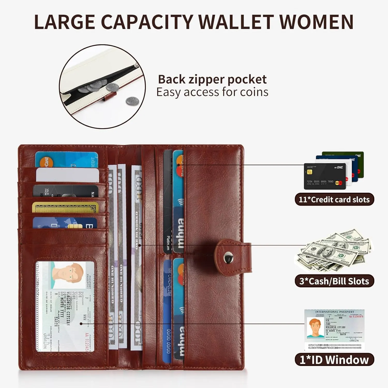 Kamo Slim RFID Blocking Leather Wallet for Women - Bifold Compact Purse with Zippered Coin Pocket & Card Slots (Beige/Brown)