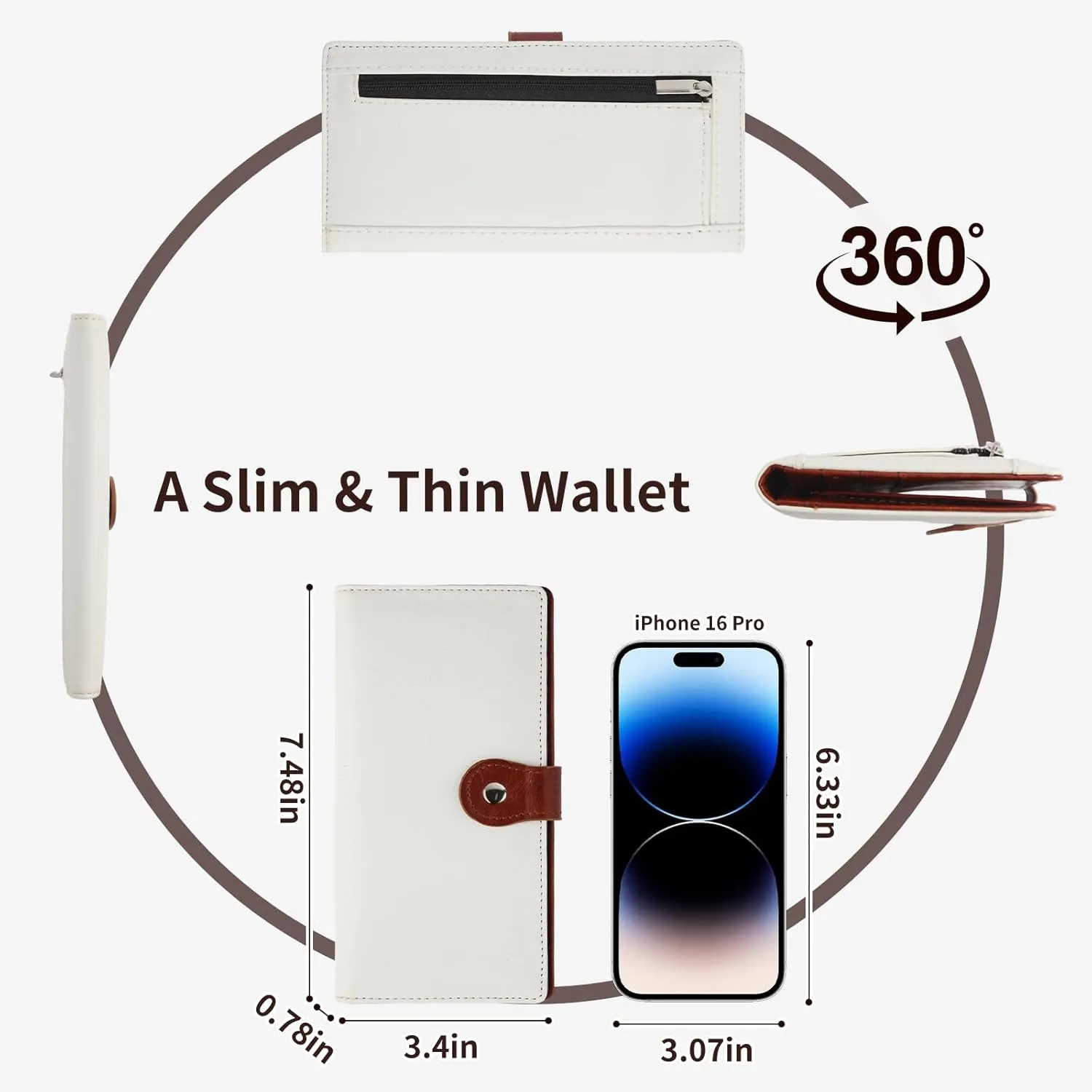 Kamo Slim RFID Blocking Leather Wallet for Women - Bifold Compact Purse with Zippered Coin Pocket & Card Slots (Beige/Brown)