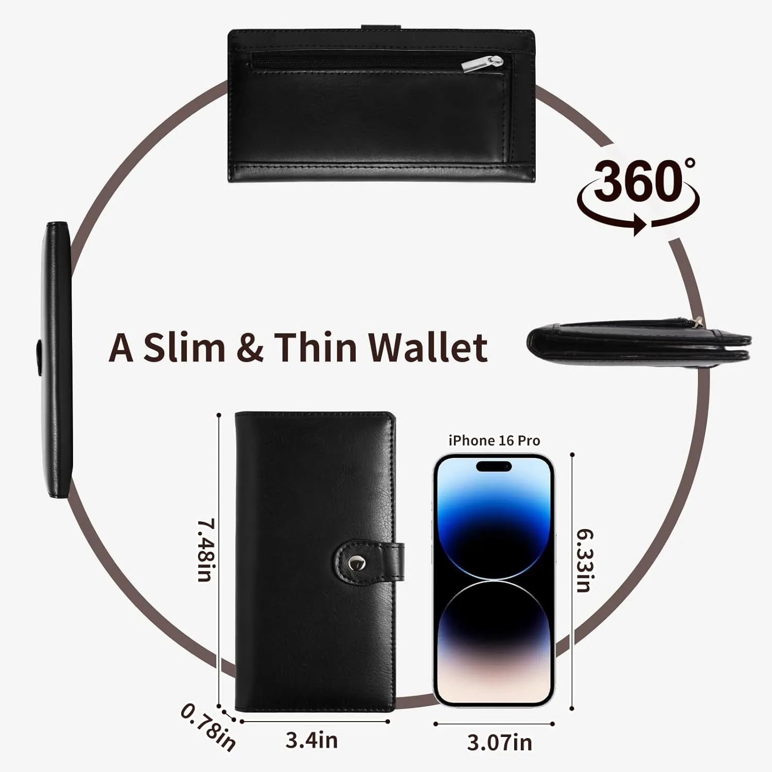 Kamo Slim RFID Blocking Leather Wallet for Women - Bifold Compact Purse with Zippered Coin Pocket & Card Slots (Black)