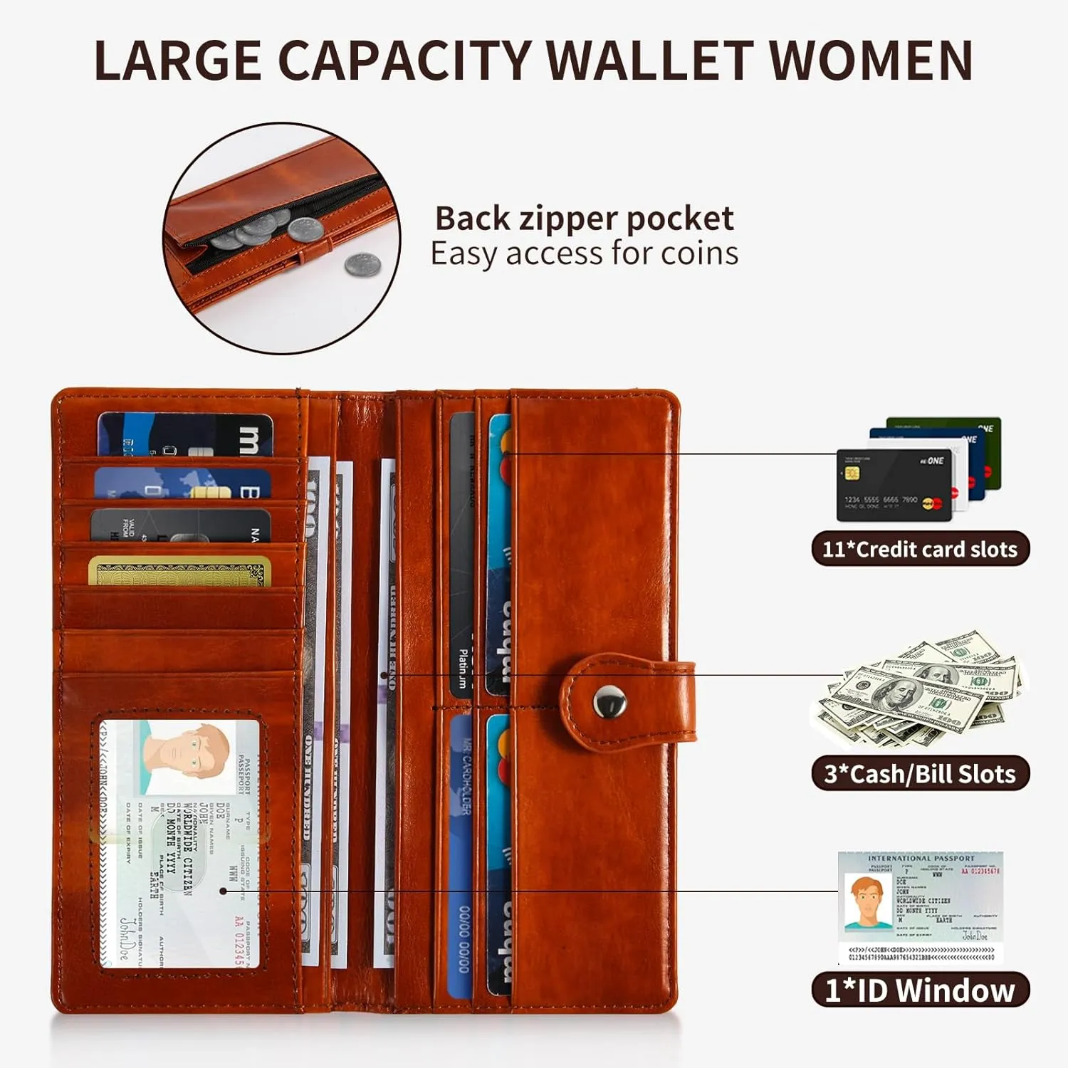 Kamo Slim RFID Blocking Leather Wallet for Women - Bifold Compact Purse with Zippered Coin Pocket & Card Slots (Camel)