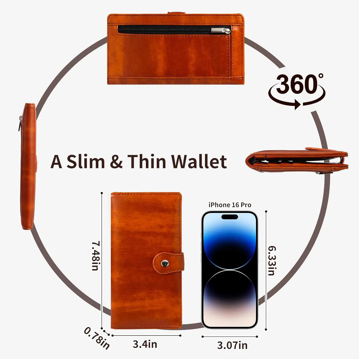 Kamo Slim RFID Blocking Leather Wallet for Women - Bifold Compact Purse with Zippered Coin Pocket & Card Slots (Camel)