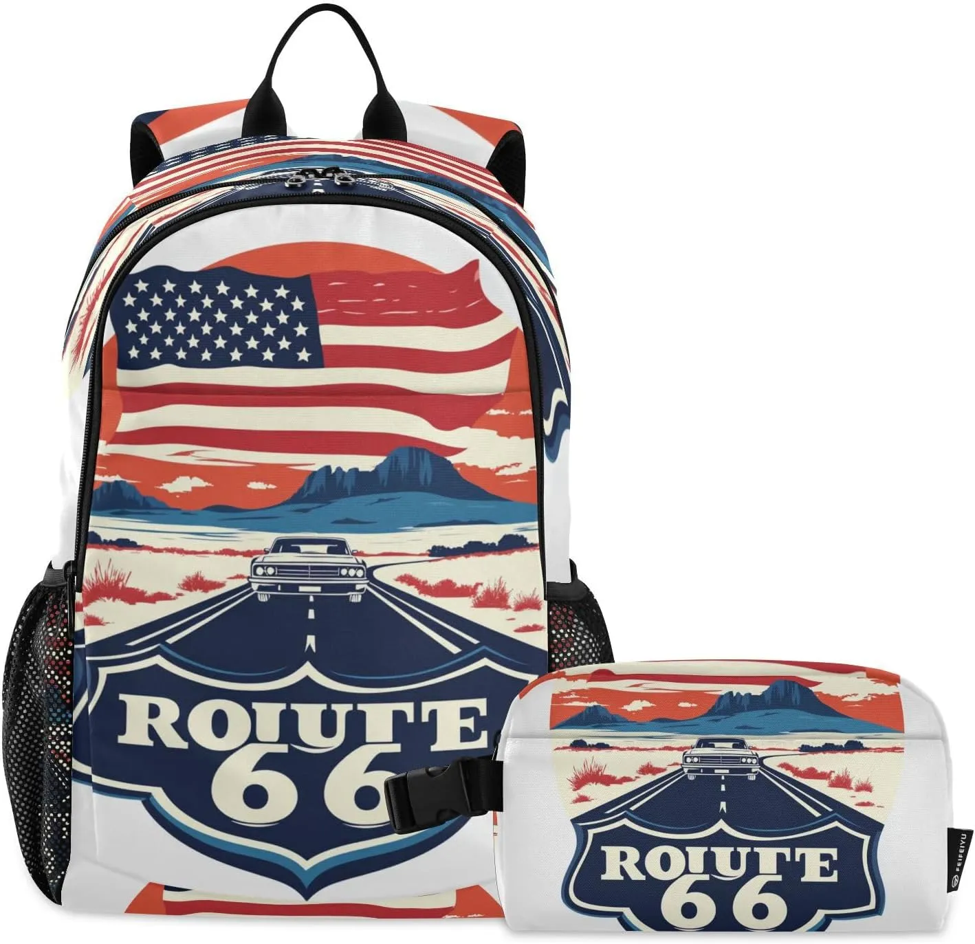 Kids Backpack Route 66 Usa Flag School Bookbag with Lunch Bag for Boys Girls Preschool Kindergarten Elementary Laptop Daypack