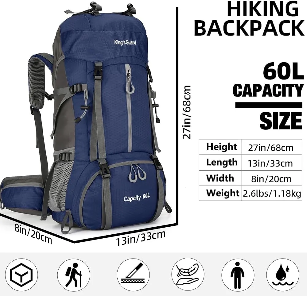 King'sGuard 60L Hiking Backpack, Waterproof Camping Backpacking Backpack for Men Outdoor Climbing Daypack (Navy-Blue)