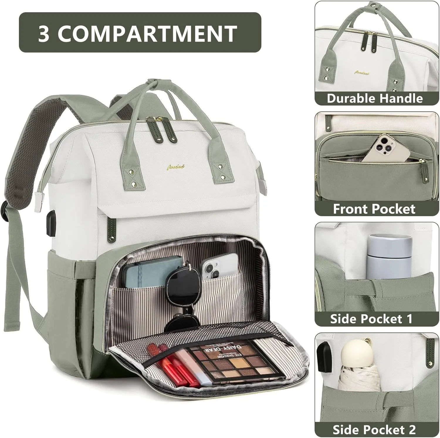 Laptop Backpack Women Work Bag: 15.6 inch Work Bookbag with USB Charging Port Large Travel Backpack Purse for College Nurse Casual Daypack for Teacher Professional Computer Backpack Beige Light Green