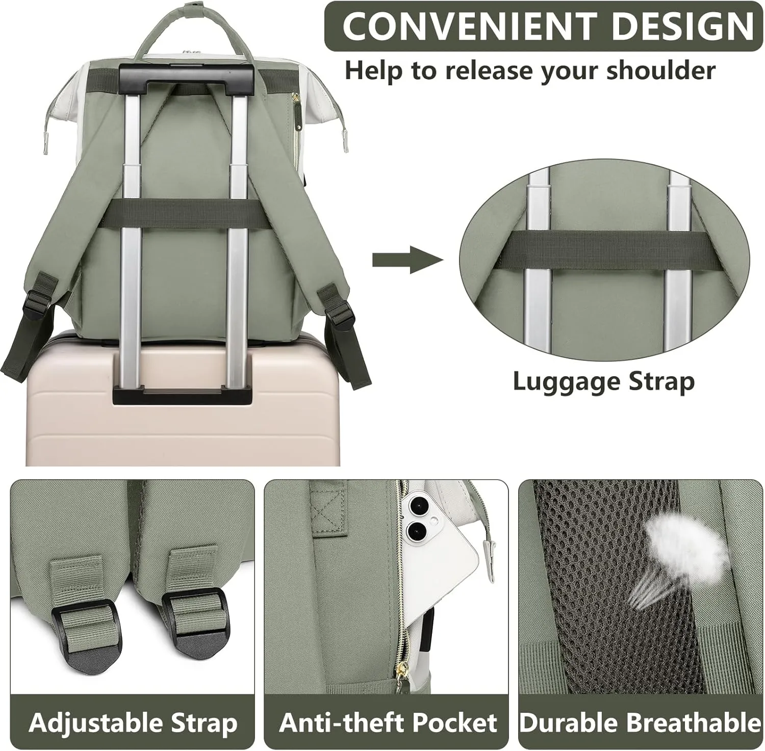 Laptop Backpack Women Work Bag: 15.6 inch Work Bookbag with USB Charging Port Large Travel Backpack Purse for College Nurse Casual Daypack for Teacher Professional Computer Backpack Beige Light Green