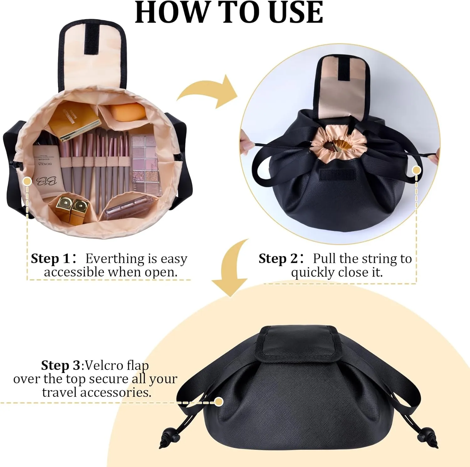 Large Drawstring Makeup Organizer,Lay Barrel Makeup Bag Leather Cosmetic Bag Toiletry Bag for Travel,Portable Waterproof Make Up Bags for Women Brush Toiletries Accessories (Black Large)